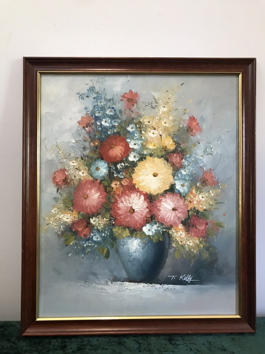 Original Oil Painting Still Life Vase Of Flowers Signed By Artist T Kelly