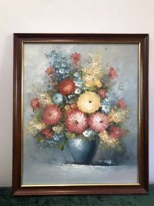 Original Oil Painting Still Life Vase Of Flowers Signed Artist T Kell Stunning Floral Display In Sumptuous Pastel Colours Diallers And Pansies In A Blue Balloon Vase Oil On Canvas In A Rich Mahogany Frame Signed By The Artist T Kelly Dimensions In Inches Height 26” Width 22.5”