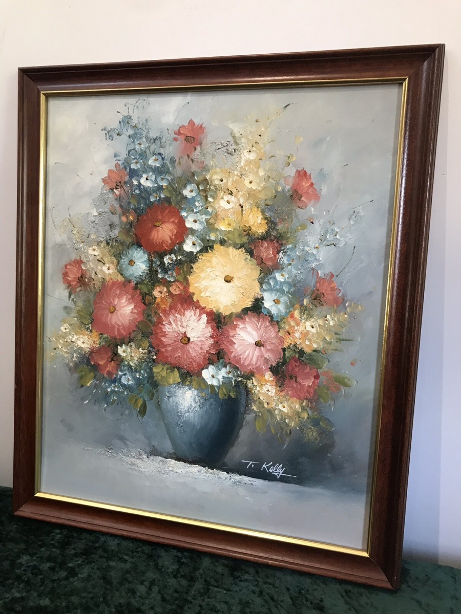 Original Oil Painting Still Life Vase Of Flowers Signed By Artist T Kelly