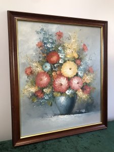 Original Oil Painting Still Life Vase Of Flowers Signed Artist T Kell Stunning Floral Display In Sumptuous Pastel Colours Diallers And Pansies In A Blue Balloon Vase Oil On Canvas In A Rich Mahogany Frame Signed By The Artist T Kelly Dimensions In Inches Height 26” Width 22.5”