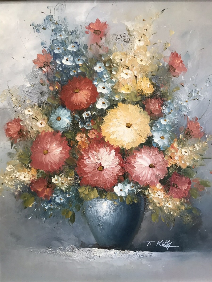 Original Oil Painting Still Life Vase Of Flowers Signed By Artist T Kelly