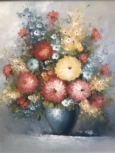 Original Oil Painting Still Life Vase Of Flowers Signed Artist T Kell Stunning Floral Display In Sumptuous Pastel Colours Diallers And Pansies In A Blue Balloon Vase Oil On Canvas In A Rich Mahogany Frame Signed By The Artist T Kelly Dimensions In Inches Height 26” Width 22.5”
