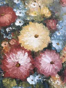 Original Oil Painting Still Life Vase Of Flowers Signed Artist T Kell Stunning Floral Display In Sumptuous Pastel Colours Diallers And Pansies In A Blue Balloon Vase Oil On Canvas In A Rich Mahogany Frame Signed By The Artist T Kelly Dimensions In Inches Height 26” Width 22.5”