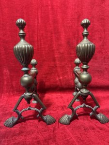 Antique Original Regency Period Brass Fire Dogs Circa - 1850 Composition - Solid Brass Listing Description Wonderful Ornate Pair Of Brass Andiron/Fire Dogs. Adorned With Many Reeded Pinnacles And Reeded Feet. Unusual Arts And Crafts Inspired Shaped Base Pediments. Lovely Original Condition. Dimensions In Inches Height 14” X Length 9” X Depth 7.5”