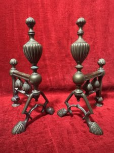 Antique Original Regency Period Brass Fire Dogs Circa - 1850 Composition - Solid Brass Listing Description Wonderful Ornate Pair Of Brass Andiron/Fire Dogs. Adorned With Many Reeded Pinnacles And Reeded Feet. Unusual Arts And Crafts Inspired Shaped Base Pediments. Lovely Original Condition. Dimensions In Inches Height 14” X Length 9” X Depth 7.5”