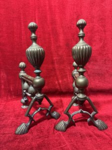 Antique Original Regency Period Brass Fire Dogs Circa - 1850 Composition - Solid Brass Listing Description Wonderful Ornate Pair Of Brass Andiron/Fire Dogs. Adorned With Many Reeded Pinnacles And Reeded Feet. Unusual Arts And Crafts Inspired Shaped Base Pediments. Lovely Original Condition. Dimensions In Inches Height 14” X Length 9” X Depth 7.5”