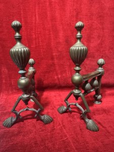 Antique Original Regency Period Brass Fire Dogs Circa - 1850 Composition - Solid Brass Listing Description Wonderful Ornate Pair Of Brass Andiron/Fire Dogs. Adorned With Many Reeded Pinnacles And Reeded Feet. Unusual Arts And Crafts Inspired Shaped Base Pediments. Lovely Original Condition. Dimensions In Inches Height 14” X Length 9” X Depth 7.5”