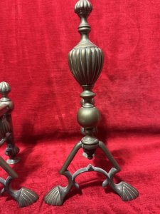 Antique Original Regency Period Brass Fire Dogs Circa - 1850 Composition - Solid Brass Listing Description Wonderful Ornate Pair Of Brass Andiron/Fire Dogs. Adorned With Many Reeded Pinnacles And Reeded Feet. Unusual Arts And Crafts Inspired Shaped Base Pediments. Lovely Original Condition. Dimensions In Inches Height 14” X Length 9” X Depth 7.5”