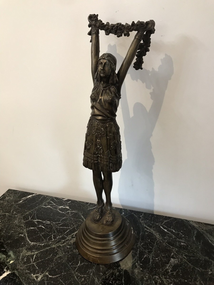 Primary image for Art Nouveau Style Bronze Statue Of Dancing Girl Upon Bronze Circular Base