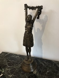 Art Nouveau Style Bronze Statue Of Dancing Girl Upon Bronze Circular Base
