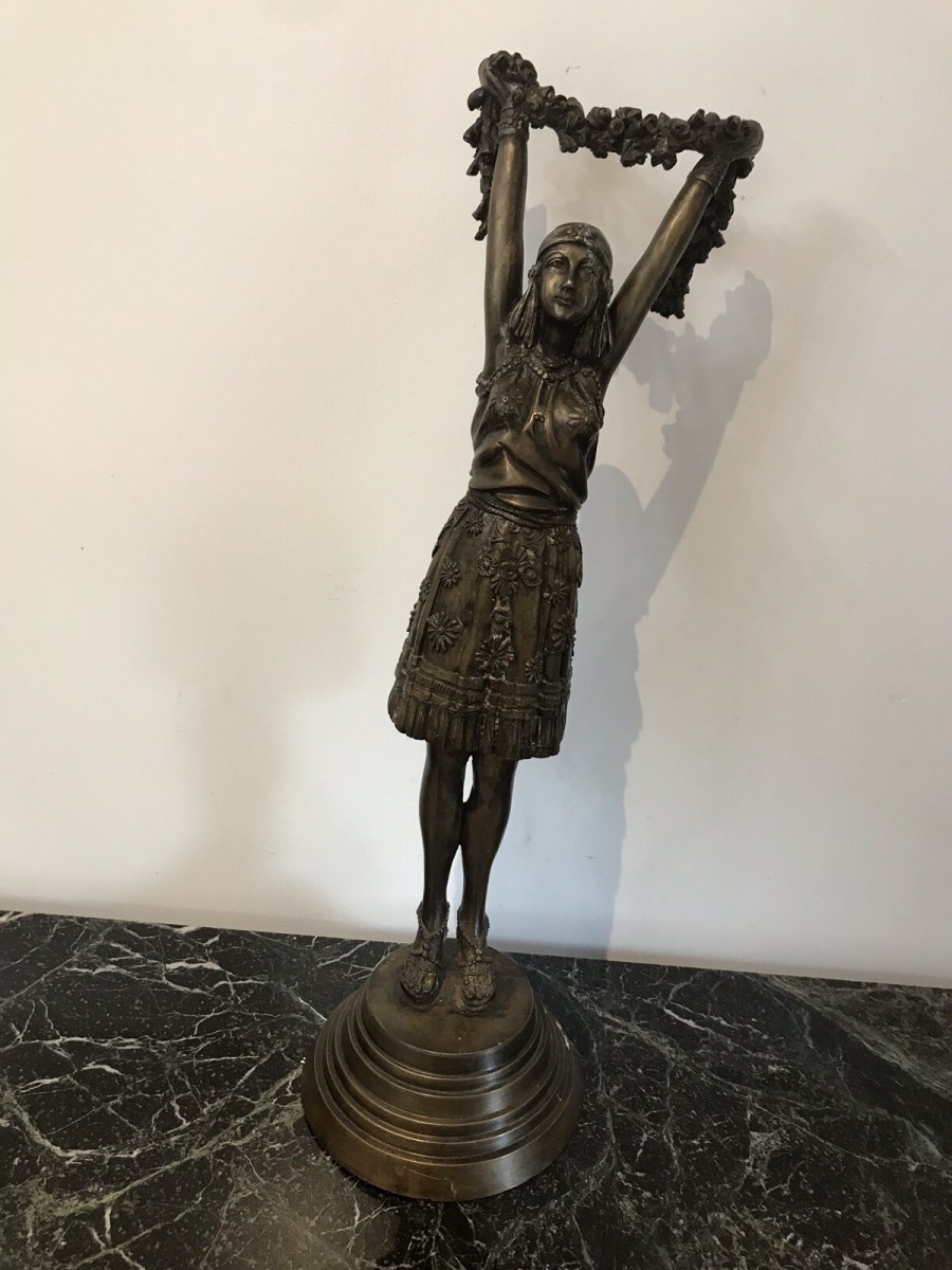 Art Nouveau Style Bronze Statue Of Dancing Girl Upon Bronze Circular Base