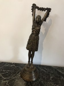 Art Nouveau Style Bronze Statue Of Dancing Girl Standing Upon A Bronze Circular Base Decorated With Floral Motifs Stunning Attention To Detail Unsigned But Stunning Quality Heavy Cast Bronze Date - 1930’s Circa -France Dimensions In Inches Height 24” Width 6.5” Base Diameter 7.5”