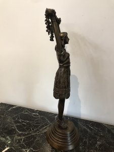 Art Nouveau Style Bronze Statue Of Dancing Girl Standing Upon A Bronze Circular Base Decorated With Floral Motifs Stunning Attention To Detail Unsigned But Stunning Quality Heavy Cast Bronze Date - 1930’s Circa -France Dimensions In Inches Height 24” Width 6.5” Base Diameter 7.5”