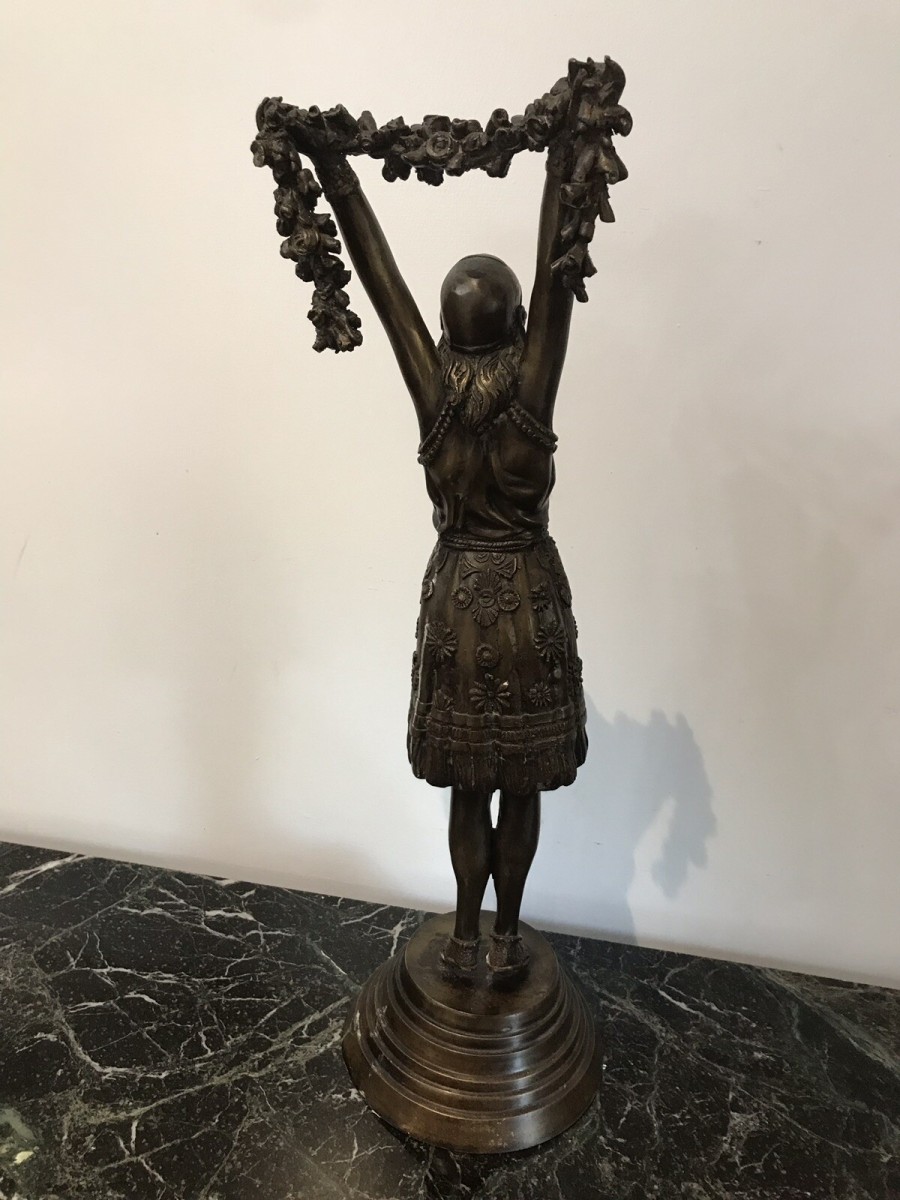 Art Nouveau Style Bronze Statue Of Dancing Girl Upon Bronze Circular Base