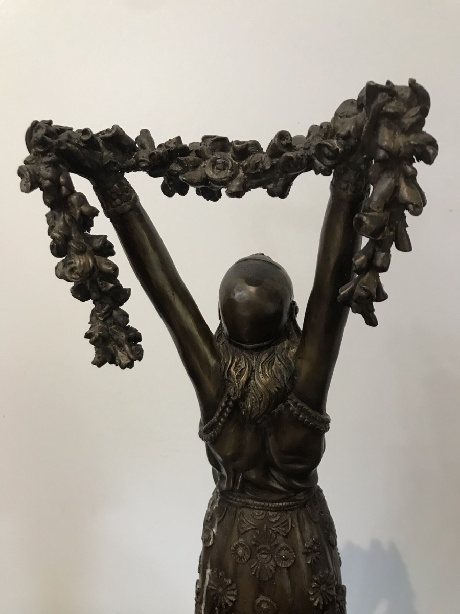 Art Nouveau Style Bronze Statue Of Dancing Girl Upon Bronze Circular Base