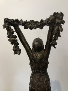 Art Nouveau Style Bronze Statue Of Dancing Girl Standing Upon A Bronze Circular Base Decorated With Floral Motifs Stunning Attention To Detail Unsigned But Stunning Quality Heavy Cast Bronze Date - 1930’s Circa -France Dimensions In Inches Height 24” Width 6.5” Base Diameter 7.5”