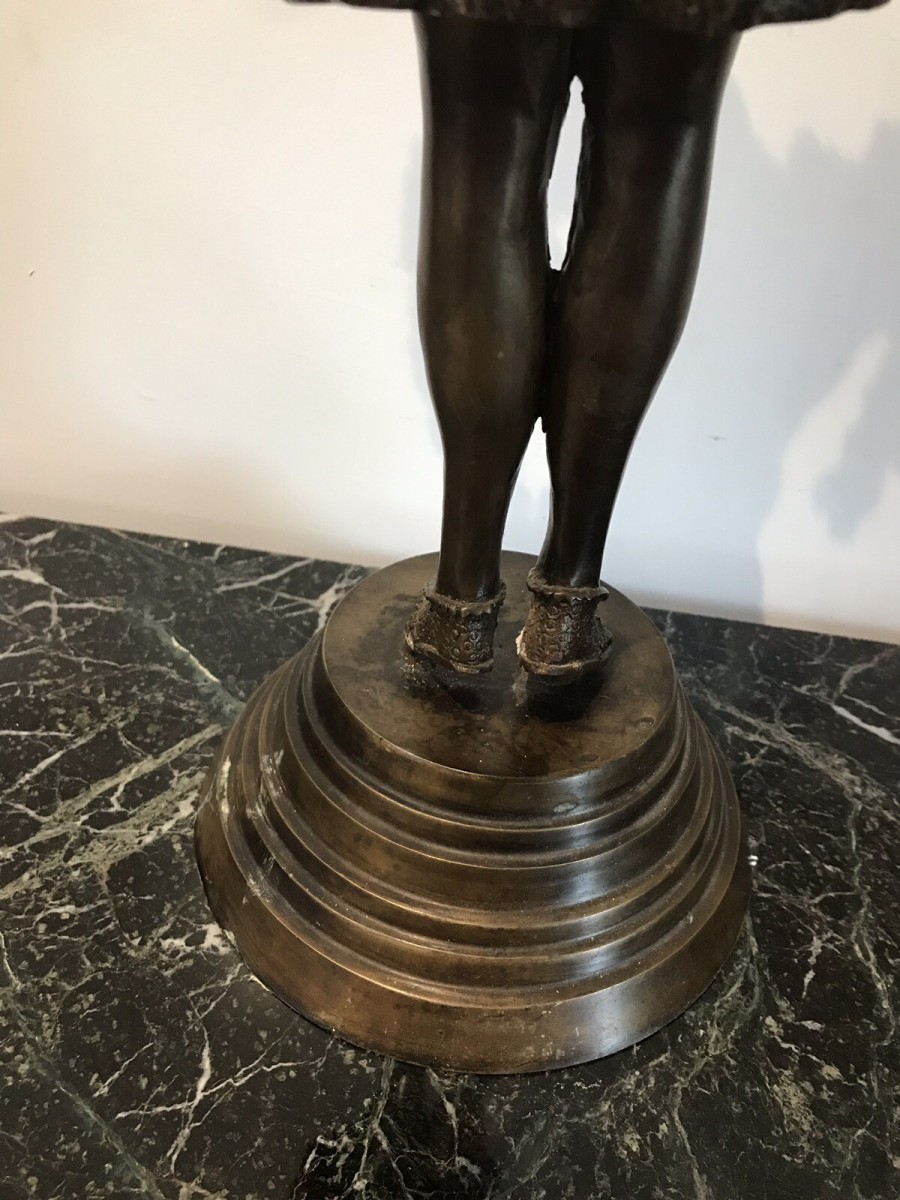 Art Nouveau Style Bronze Statue Of Dancing Girl Upon Bronze Circular Base