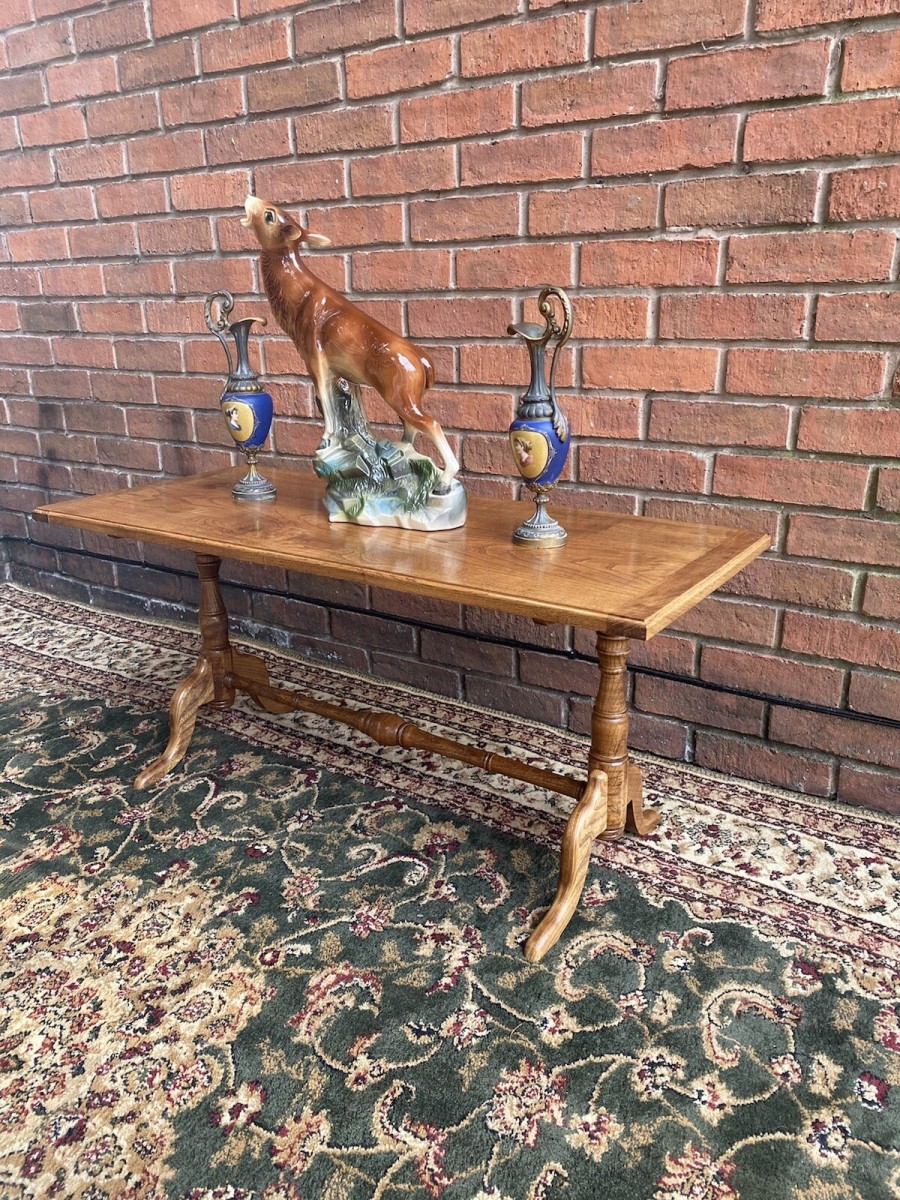 English Golden Oak Refectory Style Rectangular Coffee Table With Splayed Legs