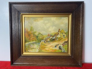 Period Victorian Country Scene With 16th Century Farm House & Figures Oil Painting Circa - 1850 Composition - Oil On Canvas Listing Description Wonderfully Detailed English School Victorian Country Scene, Depicting Large 16th Century Farm House Nestled Alongside Stream. In The Forefront Two Children Play In The Garden Near Large Fallen Tree And Horse Driven Carriage. A Victorian Lady In Bonnet And Pinafore Stands Next To Small Chicken Shed Facing The Sitter. Lower Village Rooftop View In The Background With Towering Church With Spires. A Beautiful Victorian Artwork Finely Painted With Intricate Detail In Vibrant Colour And Set In Thick Mahogany Frame. Framers C BROPHY Stamp On Reverse. Unsigned. Dimensions In Inches Height 17" Width 19"