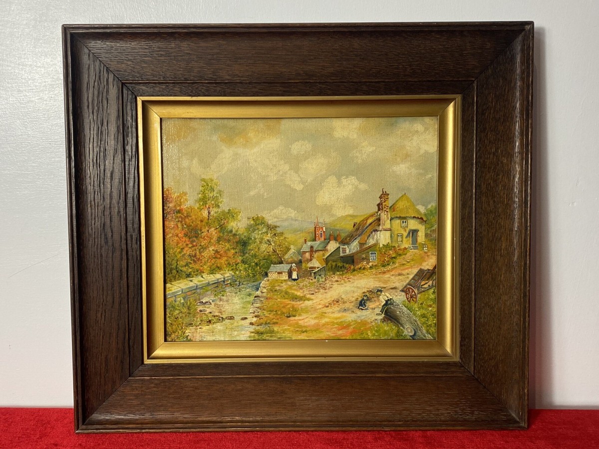 Period Victorian Country Scene With 16c Farm House & Figures Oil Painting