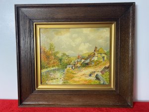 Period Victorian Country Scene With 16th Century Farm House & Figures Oil Painting Circa - 1850 Composition - Oil On Canvas Listing Description Wonderfully Detailed English School Victorian Country Scene, Depicting Large 16th Century Farm House Nestled Alongside Stream. In The Forefront Two Children Play In The Garden Near Large Fallen Tree And Horse Driven Carriage. A Victorian Lady In Bonnet And Pinafore Stands Next To Small Chicken Shed Facing The Sitter. Lower Village Rooftop View In The Background With Towering Church With Spires. A Beautiful Victorian Artwork Finely Painted With Intricate Detail In Vibrant Colour And Set In Thick Mahogany Frame. Framers C BROPHY Stamp On Reverse. Unsigned. Dimensions In Inches Height 17" Width 19"