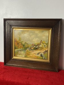 Period Victorian Country Scene With 16th Century Farm House & Figures Oil Painting Circa - 1850 Composition - Oil On Canvas Listing Description Wonderfully Detailed English School Victorian Country Scene, Depicting Large 16th Century Farm House Nestled Alongside Stream. In The Forefront Two Children Play In The Garden Near Large Fallen Tree And Horse Driven Carriage. A Victorian Lady In Bonnet And Pinafore Stands Next To Small Chicken Shed Facing The Sitter. Lower Village Rooftop View In The Background With Towering Church With Spires. A Beautiful Victorian Artwork Finely Painted With Intricate Detail In Vibrant Colour And Set In Thick Mahogany Frame. Framers C BROPHY Stamp On Reverse. Unsigned. Dimensions In Inches Height 17" Width 19"
