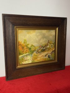 Period Victorian Country Scene With 16th Century Farm House & Figures Oil Painting Circa - 1850 Composition - Oil On Canvas Listing Description Wonderfully Detailed English School Victorian Country Scene, Depicting Large 16th Century Farm House Nestled Alongside Stream. In The Forefront Two Children Play In The Garden Near Large Fallen Tree And Horse Driven Carriage. A Victorian Lady In Bonnet And Pinafore Stands Next To Small Chicken Shed Facing The Sitter. Lower Village Rooftop View In The Background With Towering Church With Spires. A Beautiful Victorian Artwork Finely Painted With Intricate Detail In Vibrant Colour And Set In Thick Mahogany Frame. Framers C BROPHY Stamp On Reverse. Unsigned. Dimensions In Inches Height 17" Width 19"