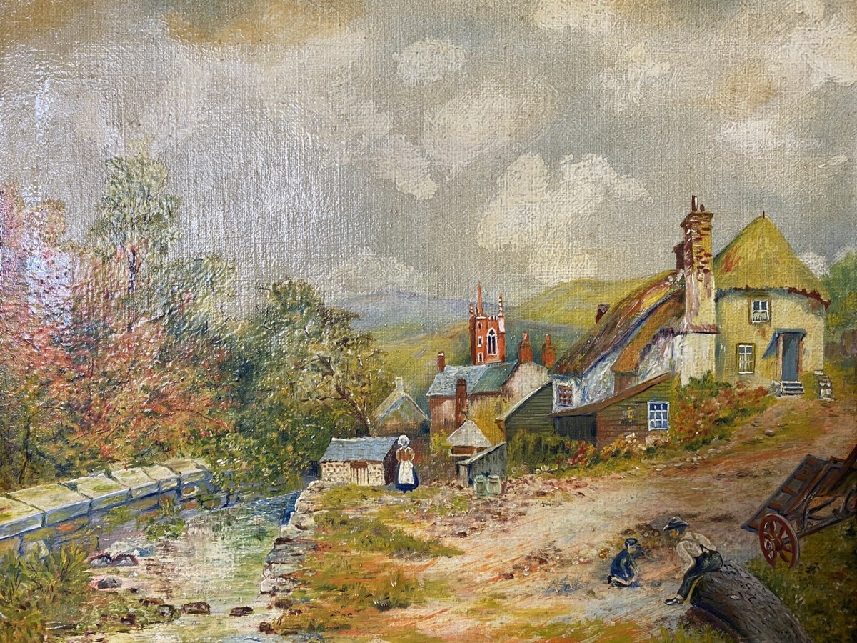 Period Victorian Country Scene With 16c Farm House & Figures Oil Painting