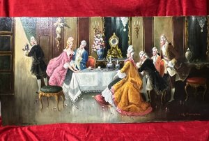 20th Century Rococo Style 'Soirée At Versailles' Oil Painting Signed A Zavaga Circa - Vintage 1920's Composition - Oil On Canvas Artwork Title - Soirée At Versailles Listing Description Wonderful French Palace Of Versailles Interior Scene With Six Courtiers And One Waiter Dressed In 18th Century Romantic Clothing Of The Period. At The Centre Of The Composition A Large Table, With Surrounding Dinner Guests Both Sitting And Standing On Elaborate Rococo Salon Chairs. Two Females (Lady In Pink Polonaise Gown & Lady In Yellow Polonaise Gown) Show The Most Dominant Roles. The Table Set With Silver Tea Service And Tea Cups And Saucers In Fine Servrés Bone China. All Guest Seem Enthralled With The Lady Standing At The Top Of The Table, Whom Appears To Be Giving A Speech. Behind The Table Stands A Gilt Mirrored Console Table With Large French Ormolu Clock And Vase Filled With Vibrant Plumage. Elaborate Walls Decoration With Plaster Panelling And Ormolu Wall Sconces. The Bases Of Large Glass Chandeliers Which Hang From The Ceiling Grace The Top Of The Artwork. Exceptional Artwork With Optimum Intrigue. Perfect For 18th Century Arts Enthusiast Or Art Lover of The Rococo Period. Beautifully Feminine Artwork Painted By Accomplished Hand In The Finest Of Detail. Signed By Artist A Zavaga. Unframed. Provenance Purchased From Paris Fine Art Collector. Now Part Of Exclusive Lord Hill Fine Arts Collection Dimension In Inches Height 24" X Width 48"