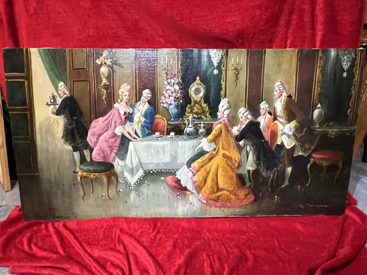 20th Century Rococo Style 'soirée At Versailles' Oil Painting Signed A Zavaga