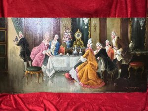 20th Century Rococo Style 'Soirée At Versailles' Oil Painting Signed A Zavaga Circa - Vintage 1920's Composition - Oil On Canvas Artwork Title - Soirée At Versailles Listing Description Wonderful French Palace Of Versailles Interior Scene With Six Courtiers And One Waiter Dressed In 18th Century Romantic Clothing Of The Period. At The Centre Of The Composition A Large Table, With Surrounding Dinner Guests Both Sitting And Standing On Elaborate Rococo Salon Chairs. Two Females (Lady In Pink Polonaise Gown & Lady In Yellow Polonaise Gown) Show The Most Dominant Roles. The Table Set With Silver Tea Service And Tea Cups And Saucers In Fine Servrés Bone China. All Guest Seem Enthralled With The Lady Standing At The Top Of The Table, Whom Appears To Be Giving A Speech. Behind The Table Stands A Gilt Mirrored Console Table With Large French Ormolu Clock And Vase Filled With Vibrant Plumage. Elaborate Walls Decoration With Plaster Panelling And Ormolu Wall Sconces. The Bases Of Large Glass Chandeliers Which Hang From The Ceiling Grace The Top Of The Artwork. Exceptional Artwork With Optimum Intrigue. Perfect For 18th Century Arts Enthusiast Or Art Lover of The Rococo Period. Beautifully Feminine Artwork Painted By Accomplished Hand In The Finest Of Detail. Signed By Artist A Zavaga. Unframed. Provenance Purchased From Paris Fine Art Collector. Now Part Of Exclusive Lord Hill Fine Arts Collection Dimension In Inches Height 24" X Width 48"