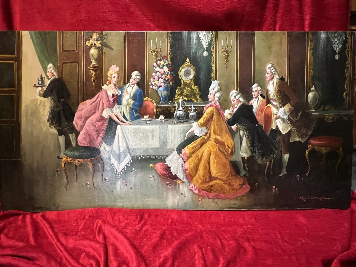 20th Century Rococo Style 'soirée At Versailles' Oil Painting Signed A Zavaga