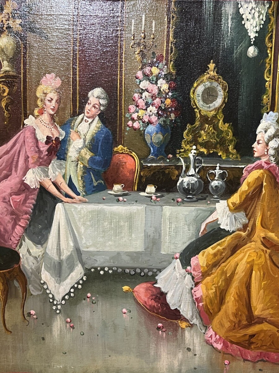 20th Century Rococo Style 'soirée At Versailles' Oil Painting Signed A Zavaga