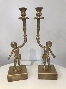 Stunning Bronze Pair Of Gilded Gold Cherub Candelabras Heavy Metal With Ornate Corinthian Style Candle Holders With Hardwood Bases Vintage Unusual Pair Dimensions In Inches