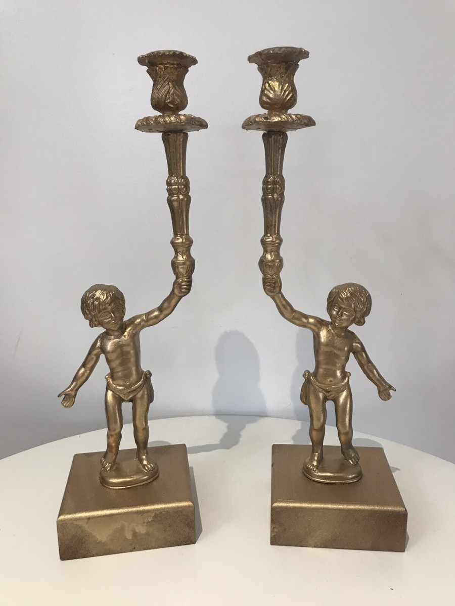 Stunning Pair Of Bronze Guilded Cherib Candelabras
