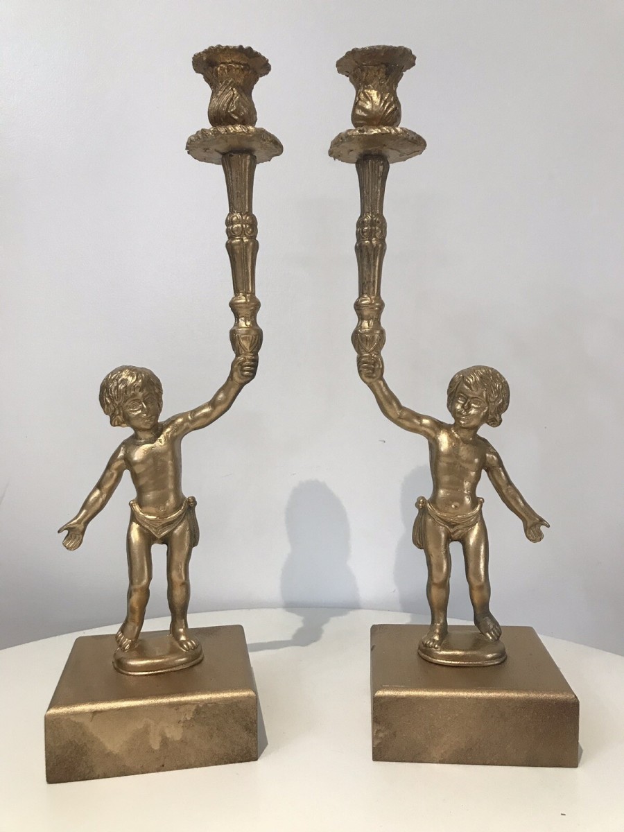 Stunning Pair Of Bronze Guilded Cherib Candelabras