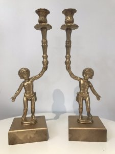 Stunning Bronze Pair Of Gilded Gold Cherub Candelabras Heavy Metal With Ornate Corinthian Style Candle Holders With Hardwood Bases Vintage Unusual Pair Dimensions In Inches