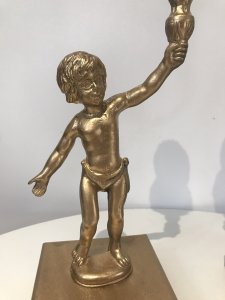 Stunning Bronze Pair Of Gilded Gold Cherub Candelabras Heavy Metal With Ornate Corinthian Style Candle Holders With Hardwood Bases Vintage Unusual Pair Dimensions In Inches