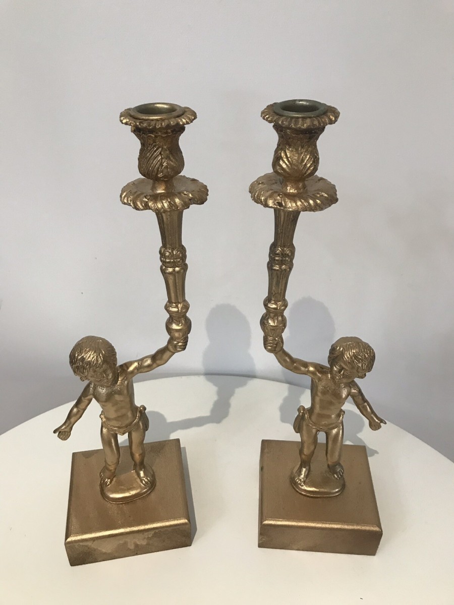 Stunning Pair Of Bronze Guilded Cherib Candelabras
