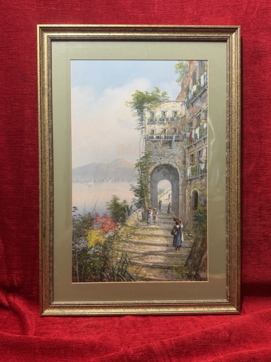 Primary image for M Gianni Naples Street Scene Mt Vesuvius Italy Gouache Painting Signed Framed