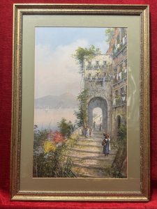 M Gianni Naples Street Scene Mt Vesuvius Italy Gouache Painting Signed Framed Circa - 1900 Composition - Gouache On Vellum Listing Description Finely Painted Artwork By Renowned Italian Artist Maria Gianni (1873-1956) Historic Architectural Naples Townscape With Figures (Right Side) Coastline (Left Side) Over The Water Revealing Mt Vesuvius Bellowing Smoke. Dimension In Inches Height 23 1/4" X Width 16.5" For Further Information Please Call The Museum Curator On 07707 488566 Thankyou