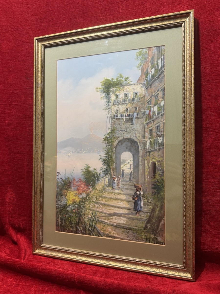 M Gianni Naples Street Scene Mt Vesuvius Italy Gouache Painting Signed Framed