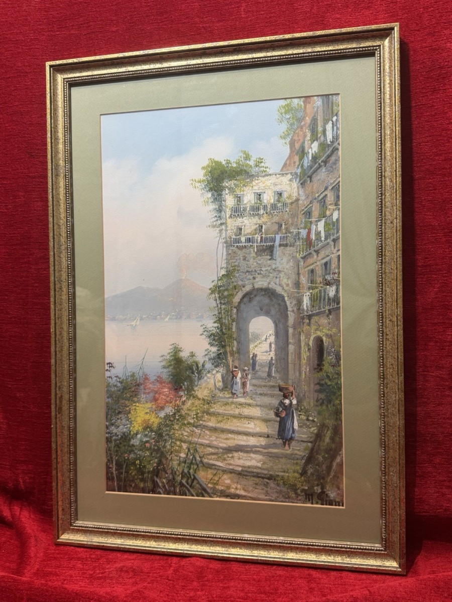 M Gianni Naples Street Scene Mt Vesuvius Italy Gouache Painting Signed Framed