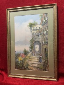 M Gianni Naples Street Scene Mt Vesuvius Italy Gouache Painting Signed Framed Circa - 1900 Composition - Gouache On Vellum Listing Description Finely Painted Artwork By Renowned Italian Artist Maria Gianni (1873-1956) Historic Architectural Naples Townscape With Figures (Right Side) Coastline (Left Side) Over The Water Revealing Mt Vesuvius Bellowing Smoke. Dimension In Inches Height 23 1/4" X Width 16.5" For Further Information Please Call The Museum Curator On 07707 488566 Thankyou