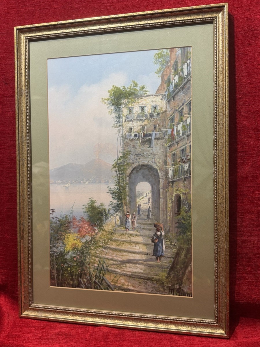 M Gianni Naples Street Scene Mt Vesuvius Italy Gouache Painting Signed Framed