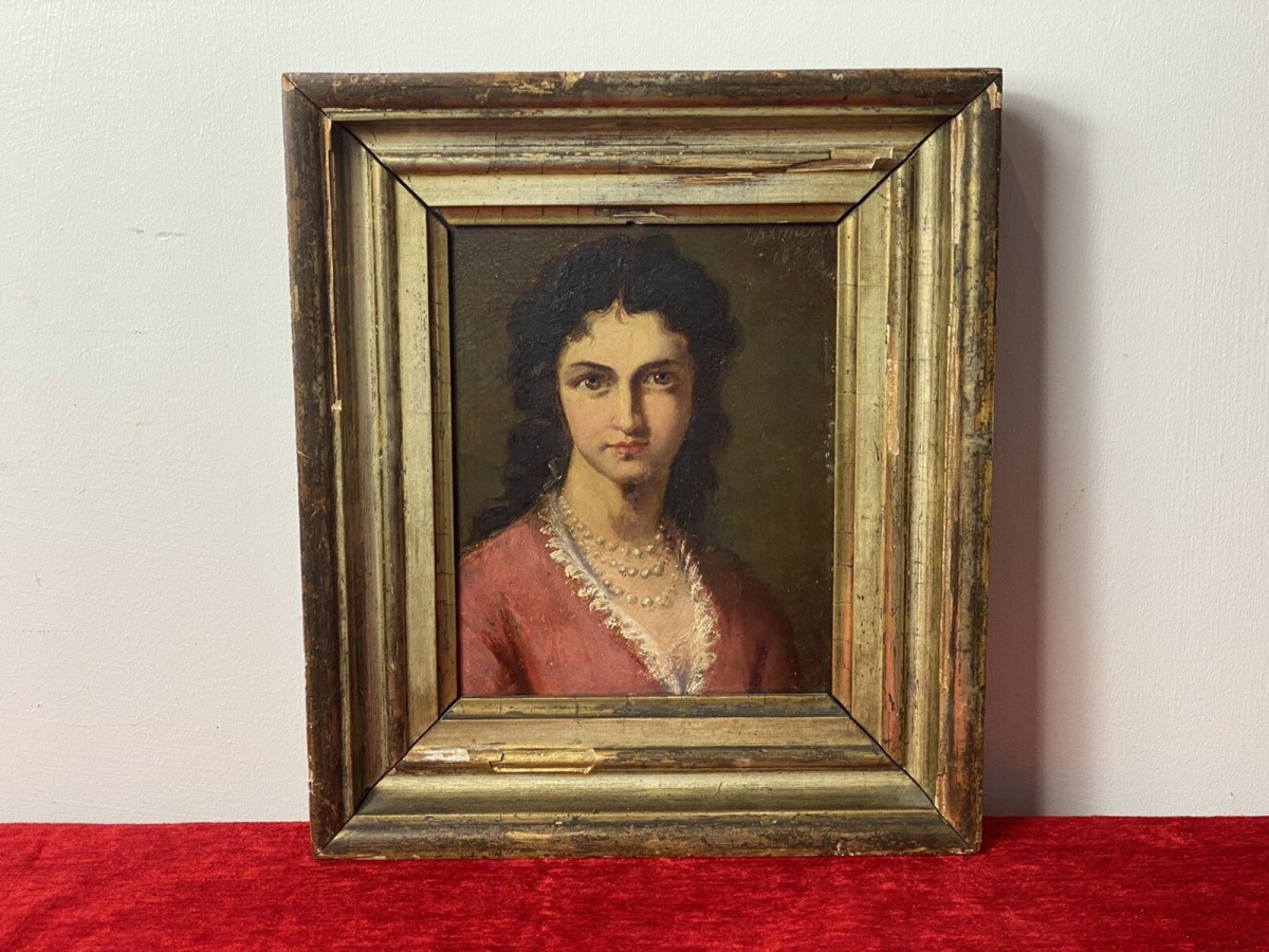 Primary image for Late 19c Oil Portrait Of Lady Wearing Pearl Necklace Signed By Artist J Axmann