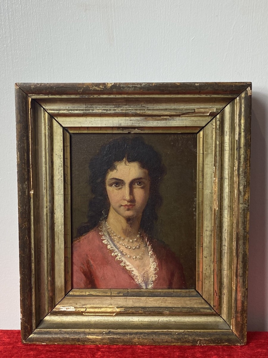 Late 19c Oil Portrait Of Lady Wearing Pearl Necklace Signed By Artist J Axmann