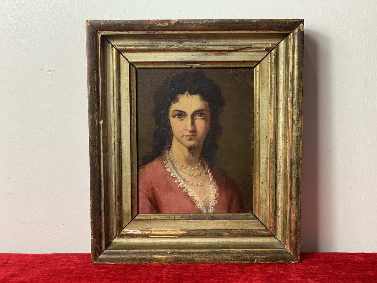 Late 19c Oil Portrait Of Lady Wearing Pearl Necklace Signed By Artist J Axmann