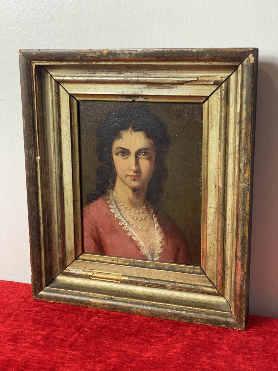 Late 19c Oil Portrait Of Lady Wearing Pearl Necklace Signed By Artist J Axmann