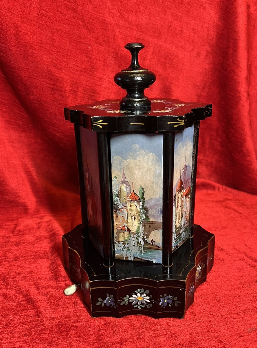 Antique Swiss Reuge Musical Cigarette Carousel Adorned With Landscape Scenes